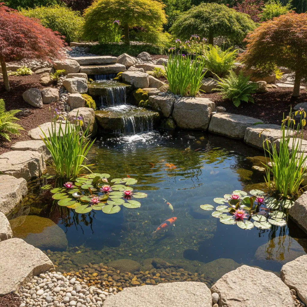 Fertiggestellter Gartenteich mit Wasserpflanzen und Natursteineinfassung – Beispiel einer Teichbauer-Arbeit