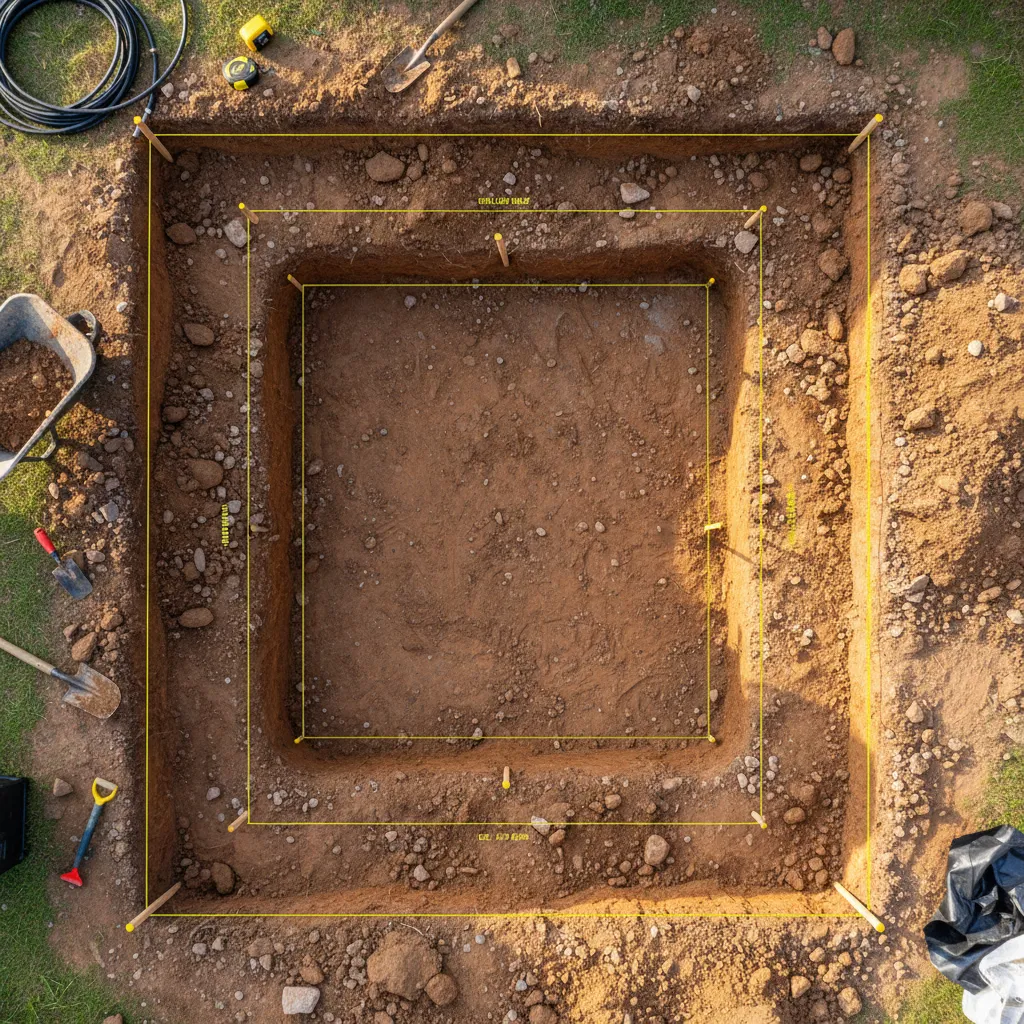 Draufsicht auf einen rechteckigen Gartenteich unter Bau mit aufgezeichneten Maßen, Messpunkten und Tiefenzonen zur korrekten Teichfolie-Berechnung