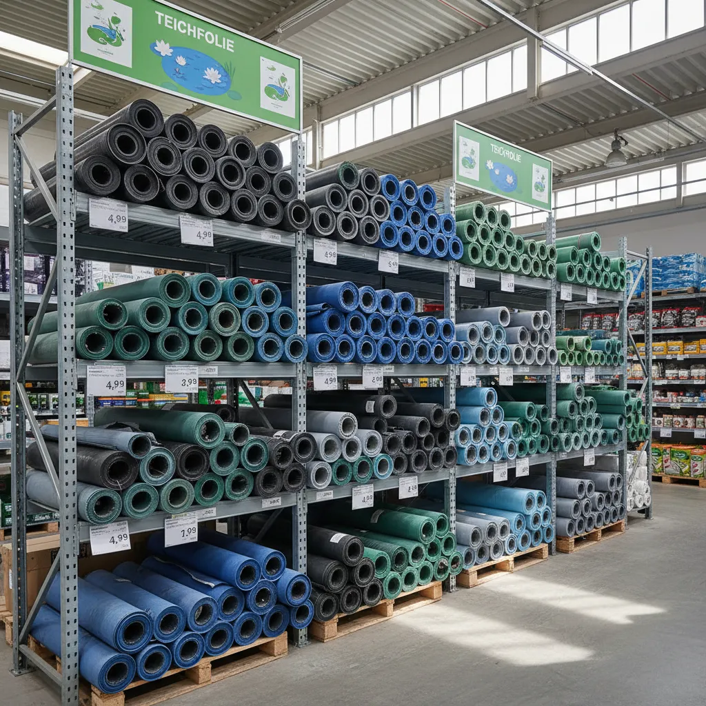 Verschiedene Rollen von Teichfolien in unterschiedlichen Stärken (0,5 mm bis 1,5 mm) und Materialien (PVC und EPDM) im Baumarkt zur Auswahl beim Teichfolie-Kaufen