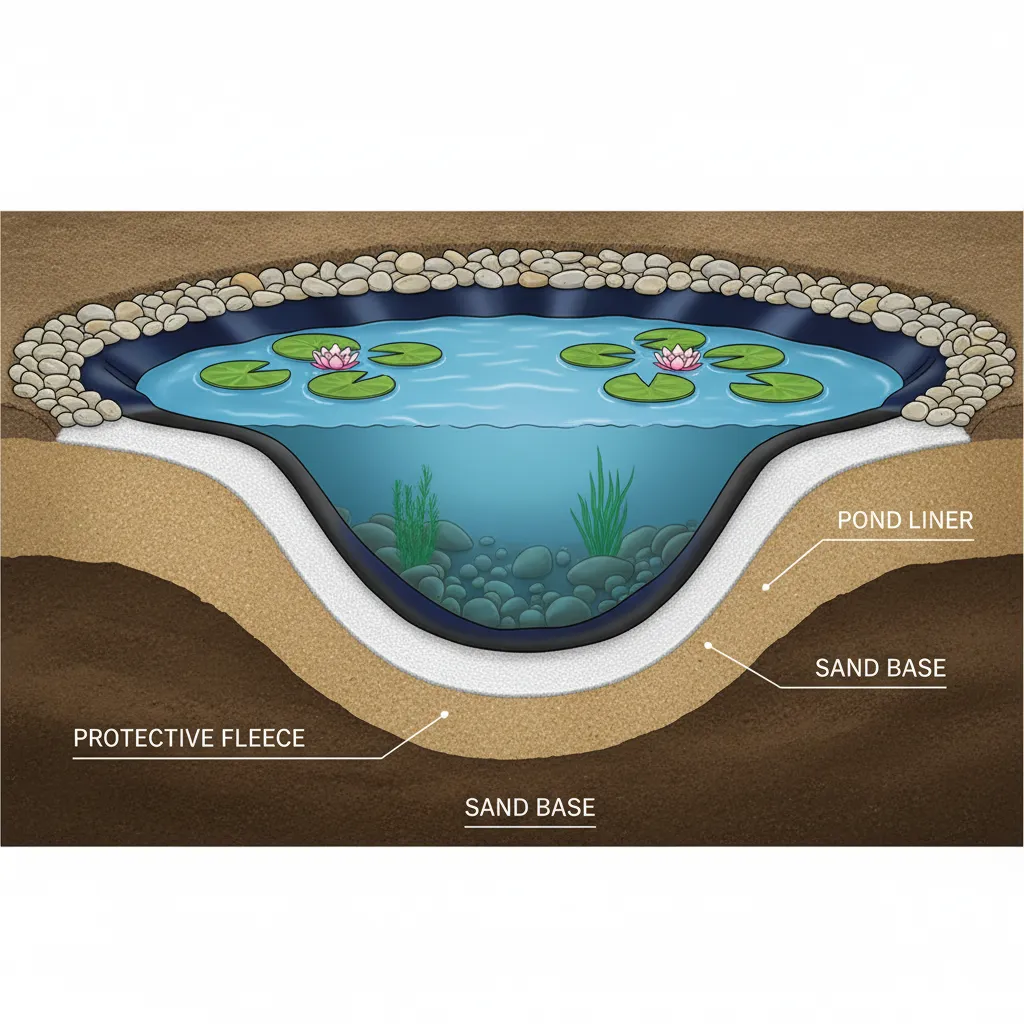 Querschnitt eines Gartenteichs mit Teichfolie zeigt Schichtaufbau: Erde, Sand, Teichvlies und Folie mit Wasser und Seerosen – Installationsaufbau