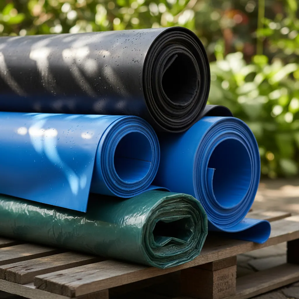 Verschiedene Teichfolie Materialien in Schwarz, Blau und Grün nebeneinander gestapelt – PVC und EPDM Folien zeigen ihre unterschiedliche Textur