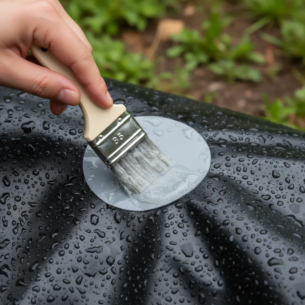 Aufbringung von PVC-Folienkleber mit Pinsel auf eine schwarze Teichfolie und Reparaturflicken