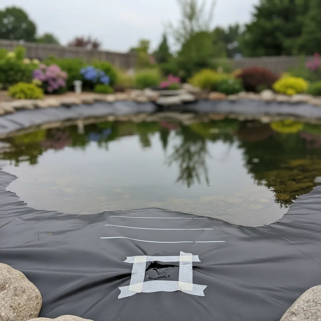 Gartenteich mit markiertem Wasserstand zur Lokalisierung von Lecks in der EPDM-Teichfolie