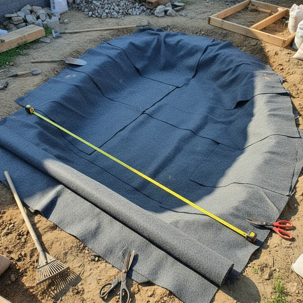 Teichvlies-Verlegung: Fachgerechte Installation mit Überlappung und Messwerkzeugen beim Folienteich-Bau