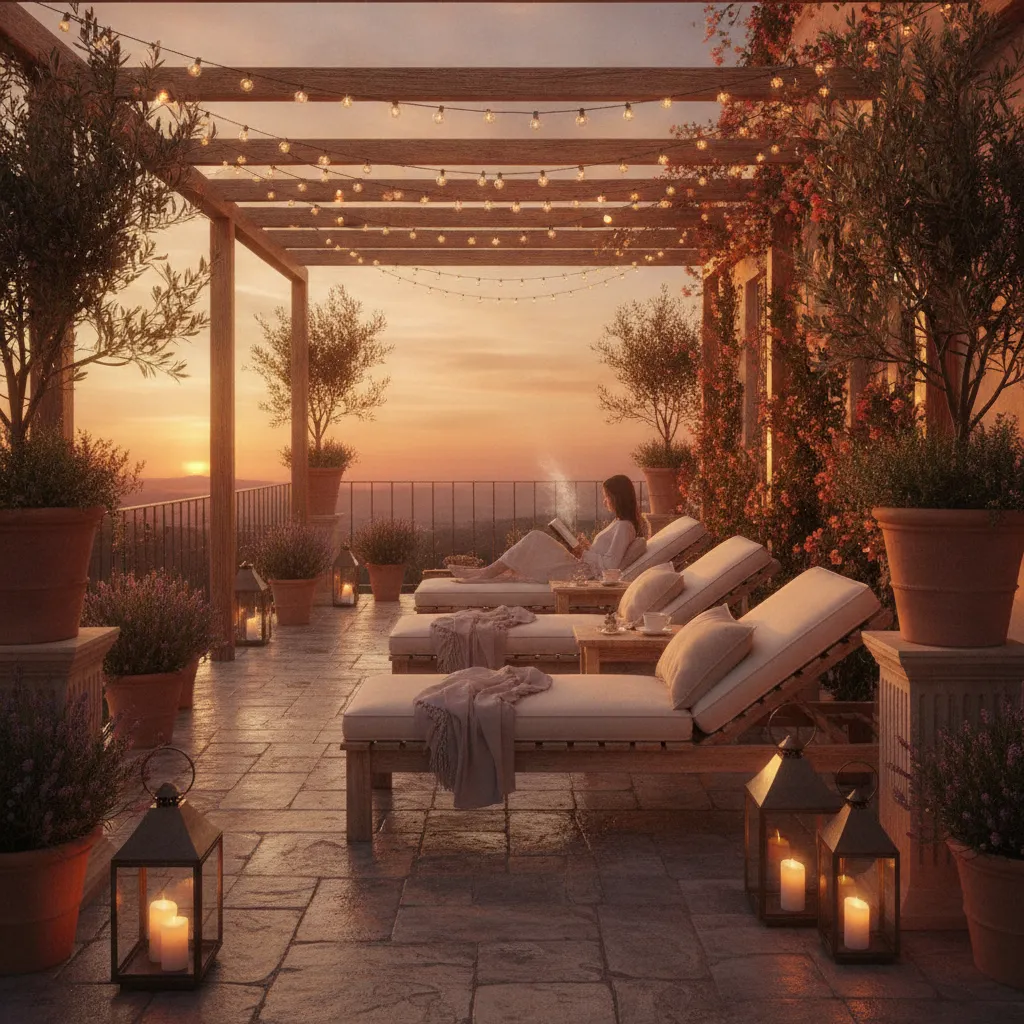 Gemütlich gestaltete Terrasse am Abend mit Loungern, Lichterketten und mediterranen Pflanzen in Kübeln