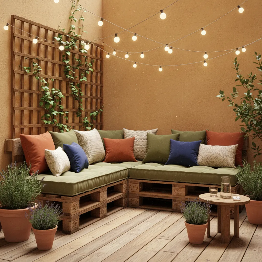 Gemütliche kleine Terrasse mit DIY-Palettenmöbeln, farbigen Kissen, Kübelpflanzen und solaren Lichterketten – budget-freundlich gestaltet