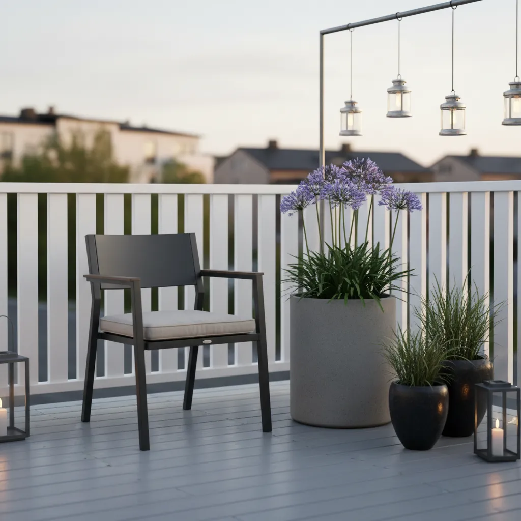Moderne, kleine Terrasse mit minimalistische Möbeln, grau gestrichener Holzboden und wenigen, aber wirkungsvollen Topfpflanzen – sparsam und stilvoll