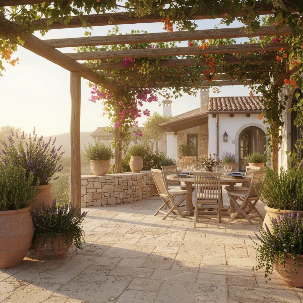 Mediterrane Terrasse mit Juramarmor-Bodenbelag, Terrakotta-Töpfen, Kräutergarten und Pergola mit Weinranken im warmen Sonnenlicht