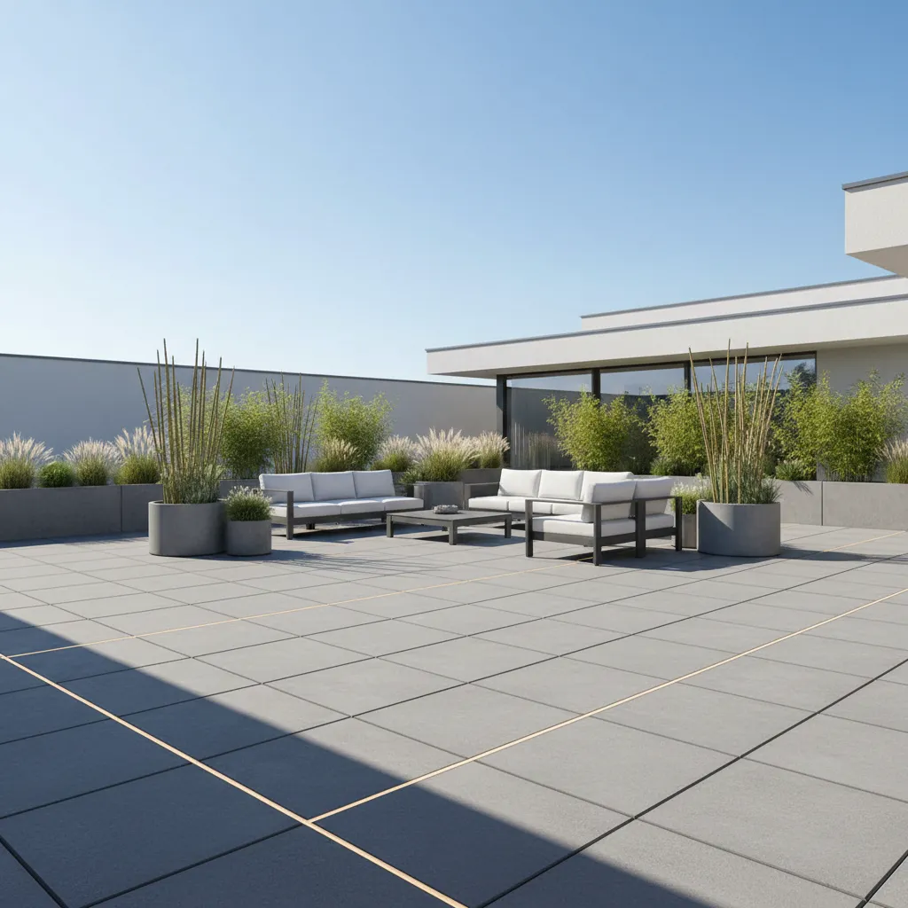 Moderne Terrasse mit großen Betonplatten, minimalistischen Lounge-Möbeln und dezenter Beleuchtung – klares, elegantes Design