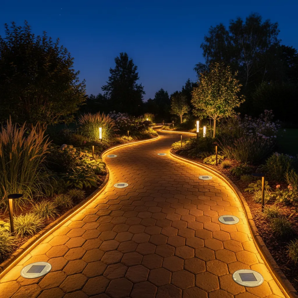 Sichere Gartenbeleuchtung mit Solarlichtern und Wegbeleuchtung markiert den Gartenweg nachts deutlich erkennbar
