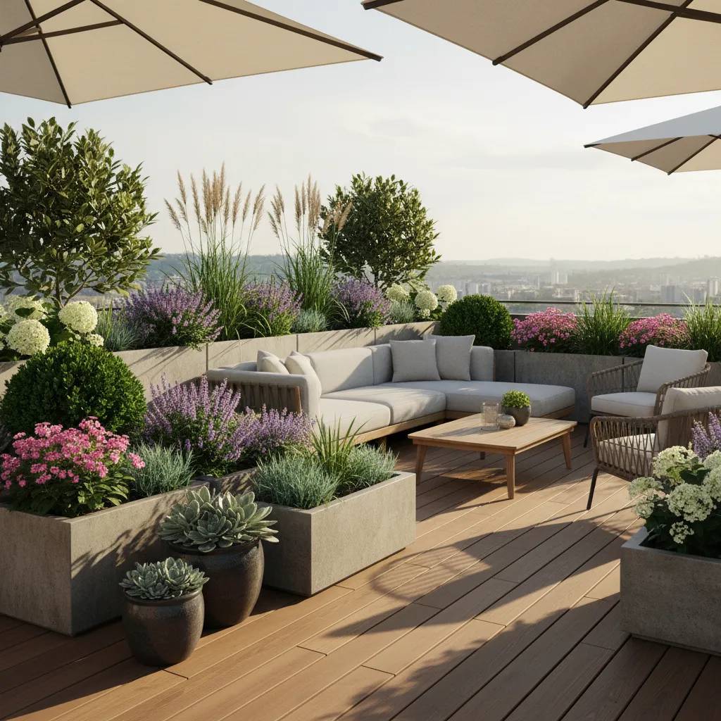 Modern gestaltete Terrasse mit abgestufter Kübelbepflanzung: Immergrüne Gehölze, blühende Stauden und Ziergräser in verschiedenen Höhen auf Holzterrassendielen