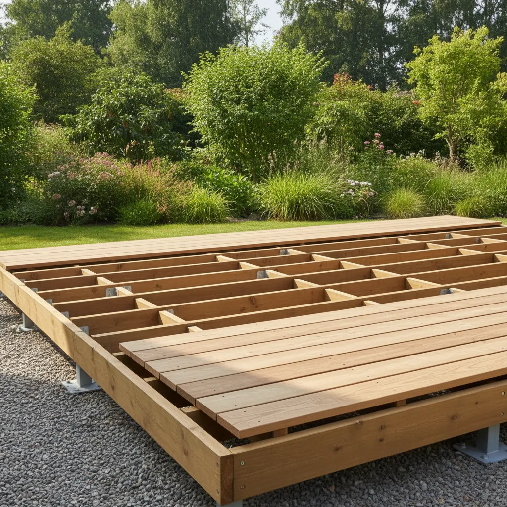 Fertig verlegte Kiefernholz-Terrasse mit sichtbarem Schichtaufbau und Unterkonstruktion im Garten