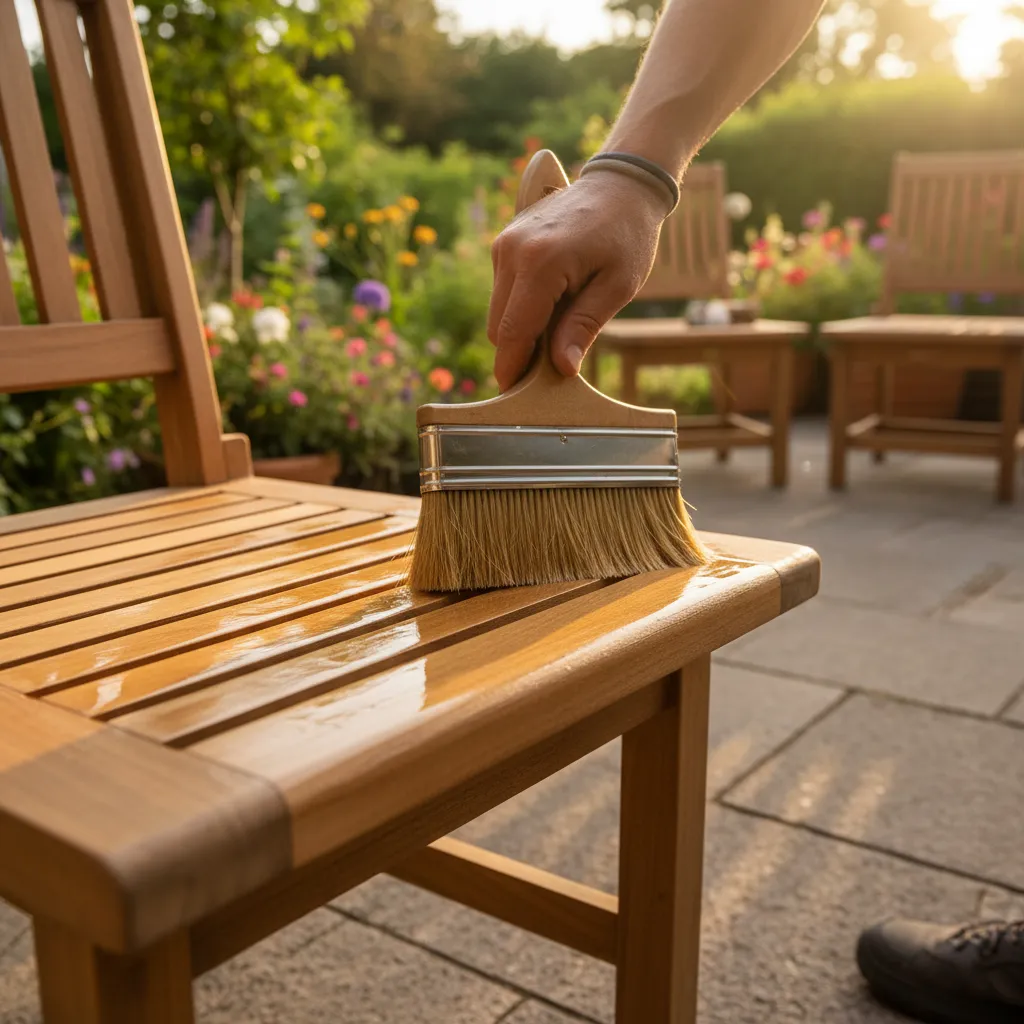 Terrassenmöbel wetterfest machen durch Auftragen von Schutzöl auf Teakholz mit Pinsel