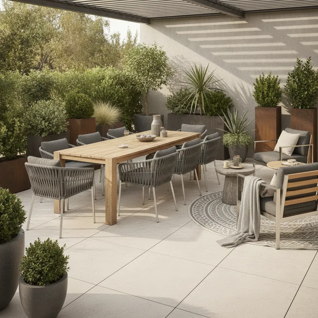 Wetterfeste Terrassenmöbel aus verschiedenen Materialien harmonisch arrangiert: Holz, Polyrattan und Metall