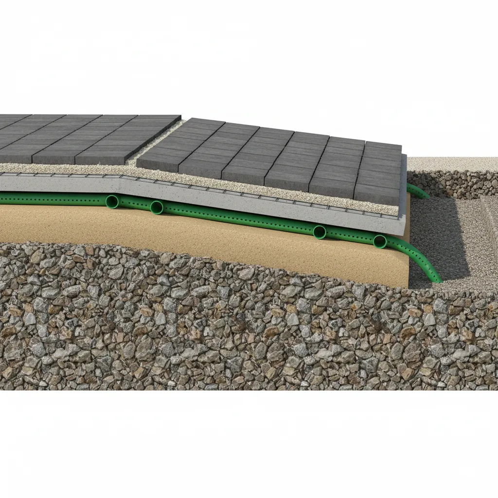 Querschnittzeichnung des korrekten Terrassenaufbaus mit Frostschutzschicht, Splittbett und Entwässerung für stabilen und langlebigen Terrassenbelag