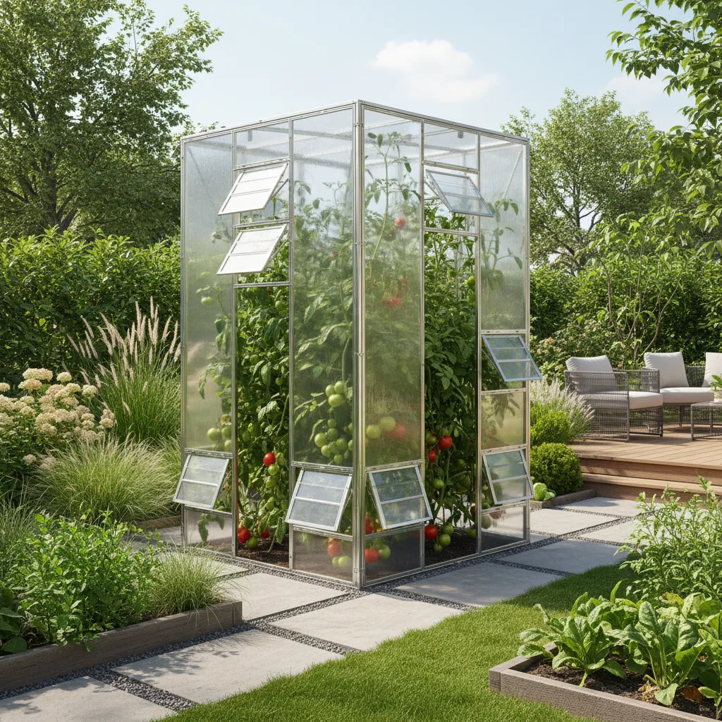 Praktisches Tomatenhaus im Garten mit offenen Lüftungsseiten und hochwachsenden Tomatenpflanzen darin