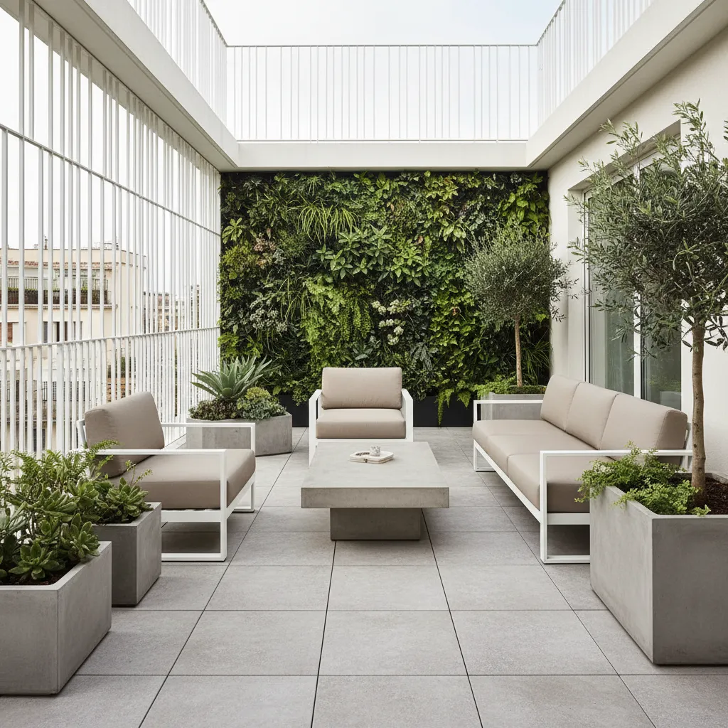 Kleine moderne Terrasse mit minimalistischen Möbeln, geometrischen Pflanzenkübeln und vertikalem Grün