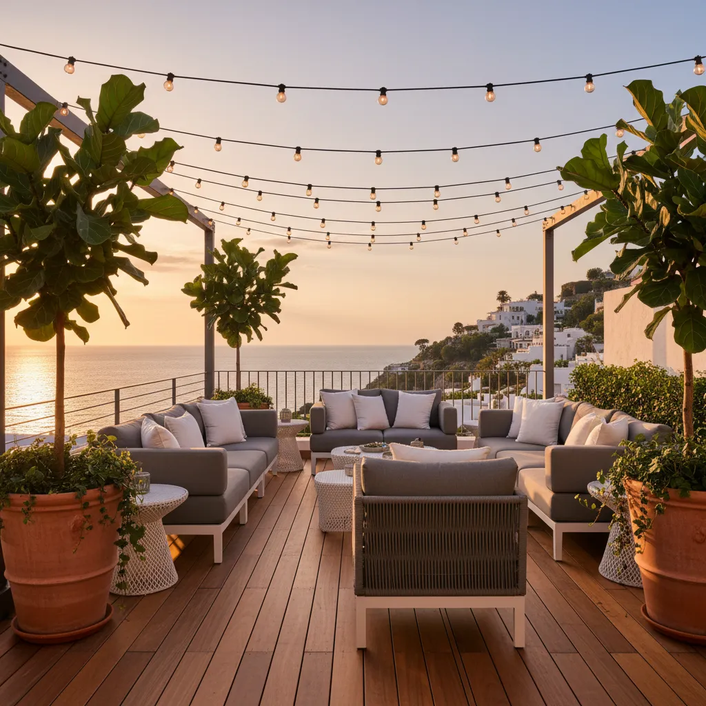 Gemütlich gestaltete überdachte Terrasse mit Loungemöbeln, Holzboden, Pflanzen und warmem Licht