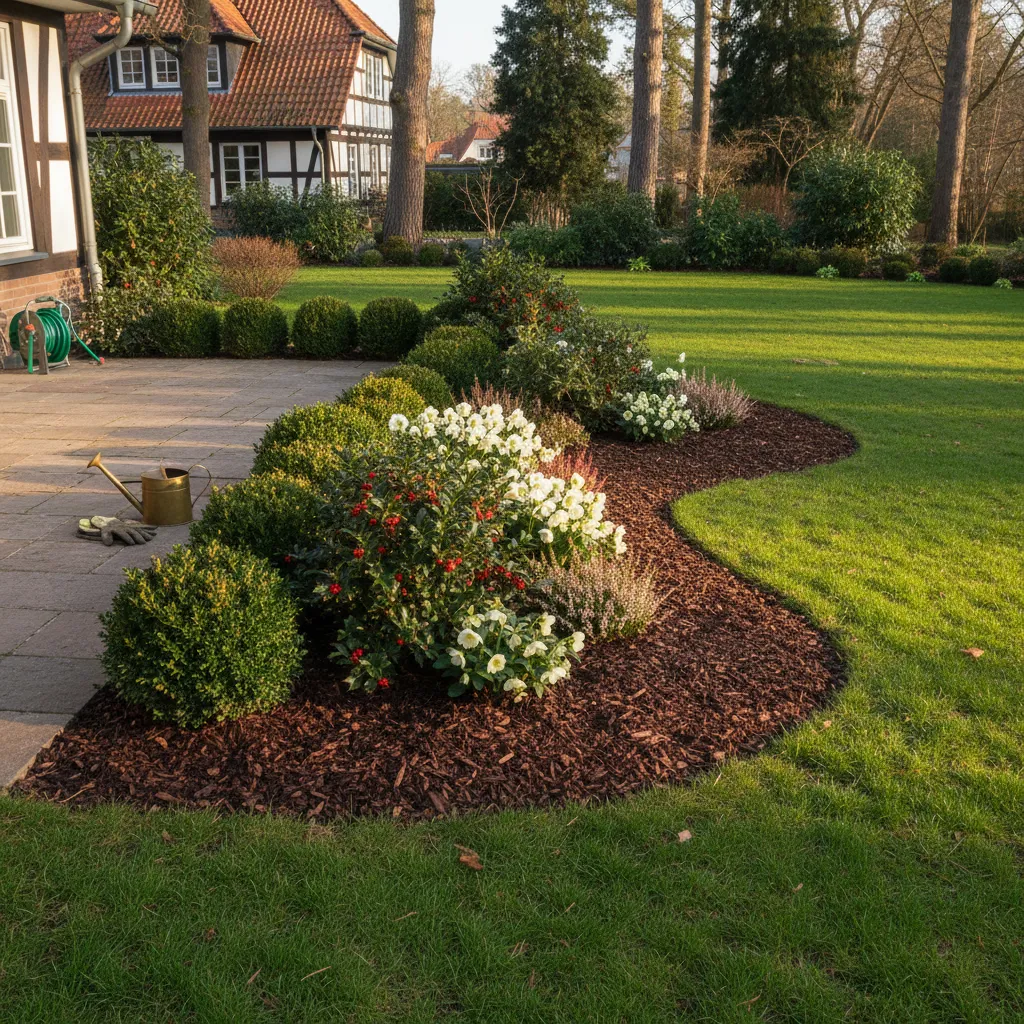 Harmonischer Übergang von Terrasse zum Garten mit winterharter Bepflanzung und Höhenstaffeln