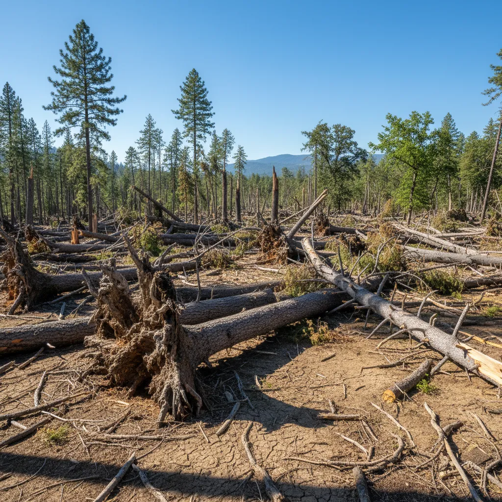 Sturmgeschädigter Wald mit umgestürzten Bäumen und entwurzelten Stämmen – zeigt die Bedrohungen für den Waldschutz und die Bedeutung von Prävention und Versicherung