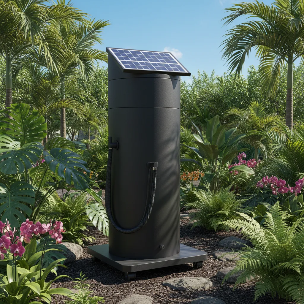 Mobile Solardusche mit schwarzem Wassertank und integrierten Solarpanels, flexibel im Garten aufstellbar und stromlos nutzbar