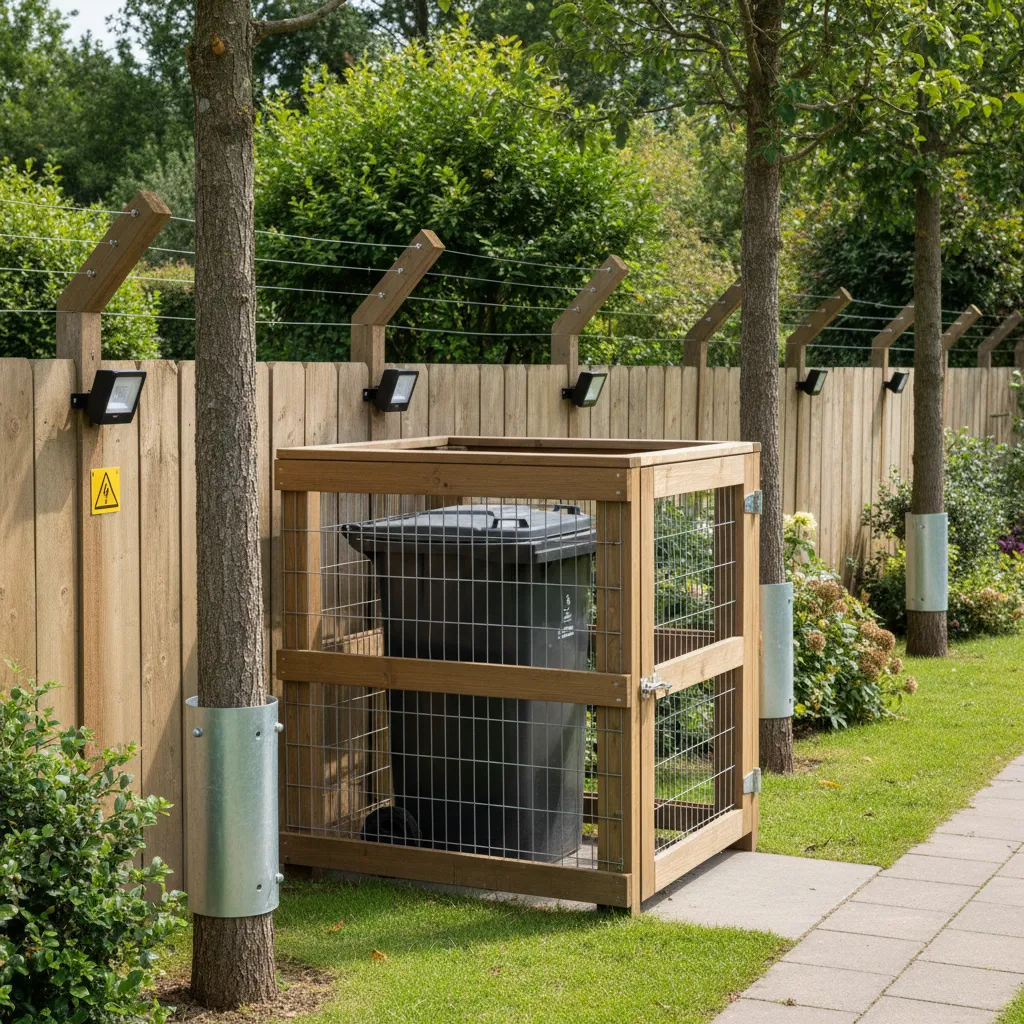 Gartensicherung mit Bewegungsmeldern, Blechmanschetten an Bäumen und gesicherten Mülltonnen zur Waschbär-Abwehr