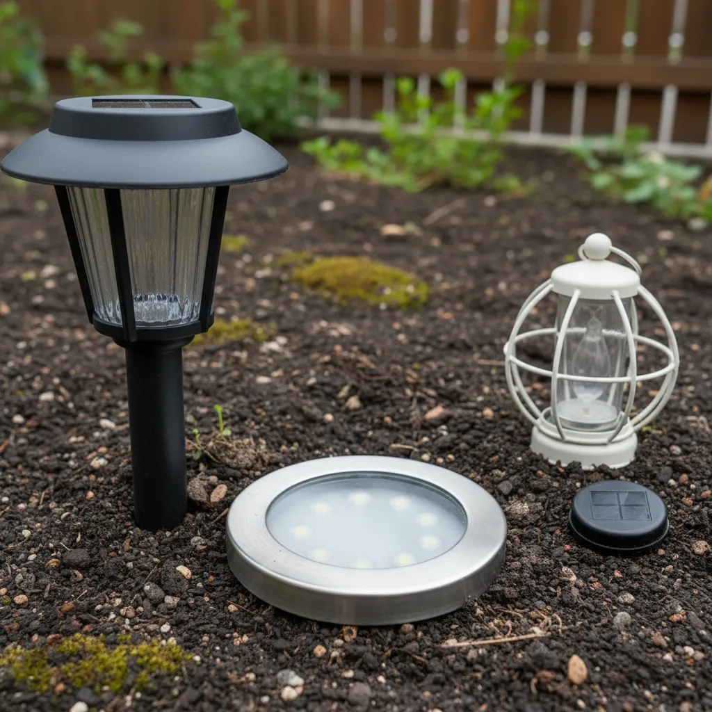 Vergleich von Gartenbeleuchtung: Solar-Gartenlampe, LED-Gartenleuchte mit Stromversorgung und batteriebetriebene Lampe, Nahaufnahme unterschiedlicher Leuchtentypen