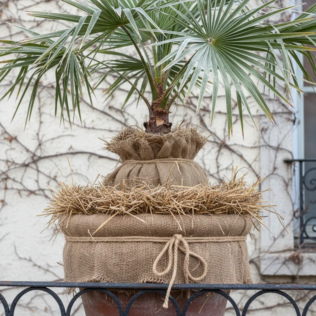 Hanfpalme im Topf mit Winterschutz aus Stroh und Jute auf dem Balkon