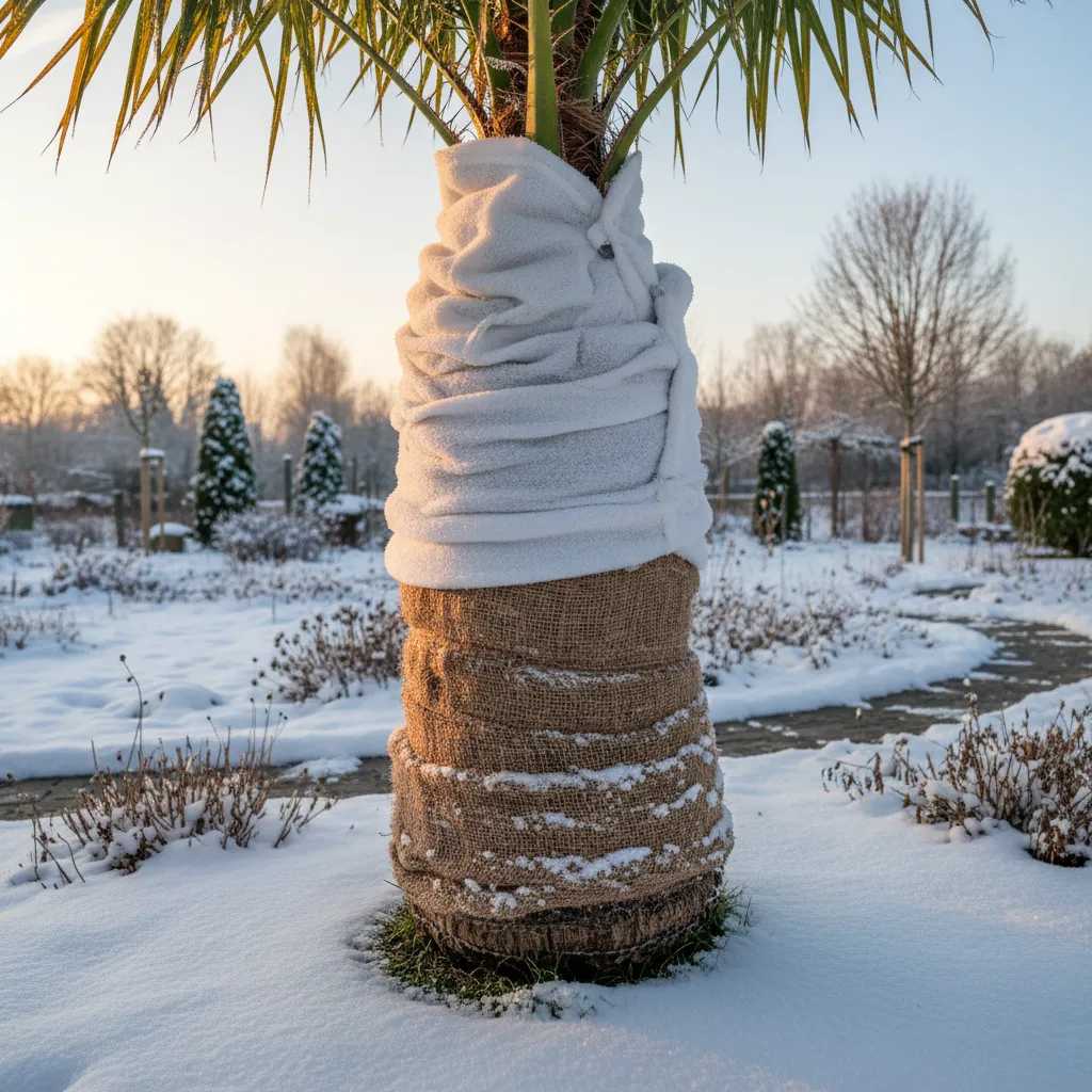 Chinesische Hanfpalme mit Vlies und Leinensack als Winterschutz, Schnee im Garten