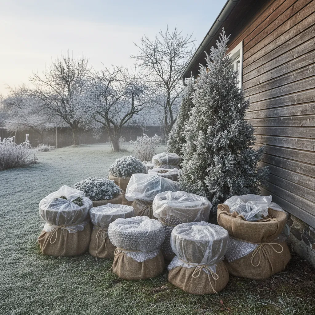 Winterfeste Kübelpflanzen auf Balkon an Hauswand mit Schutzvorrichtungen, frostbedeckte Immergrüne