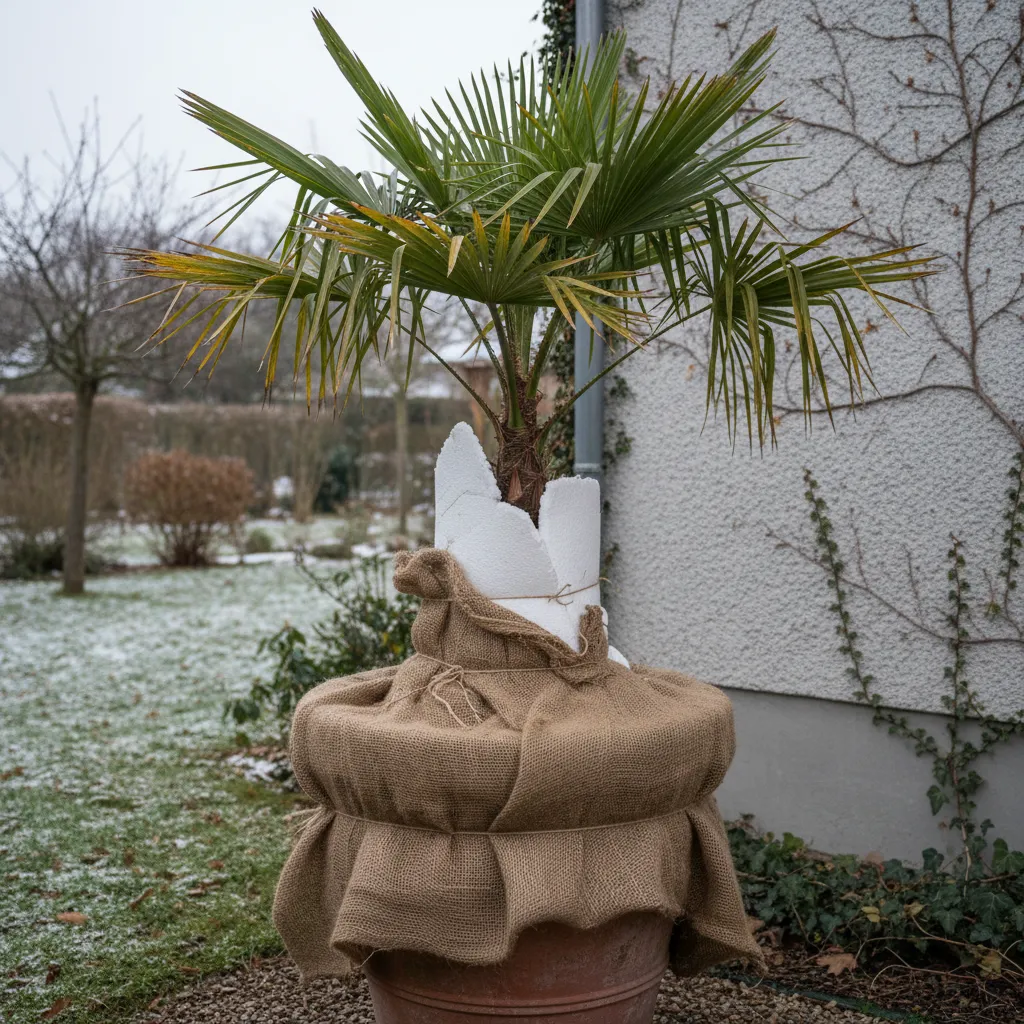 Hanfpalme im Kübel mit Jutewicklung und Noppenfolie als Winterschutz vor einer Hausmauer