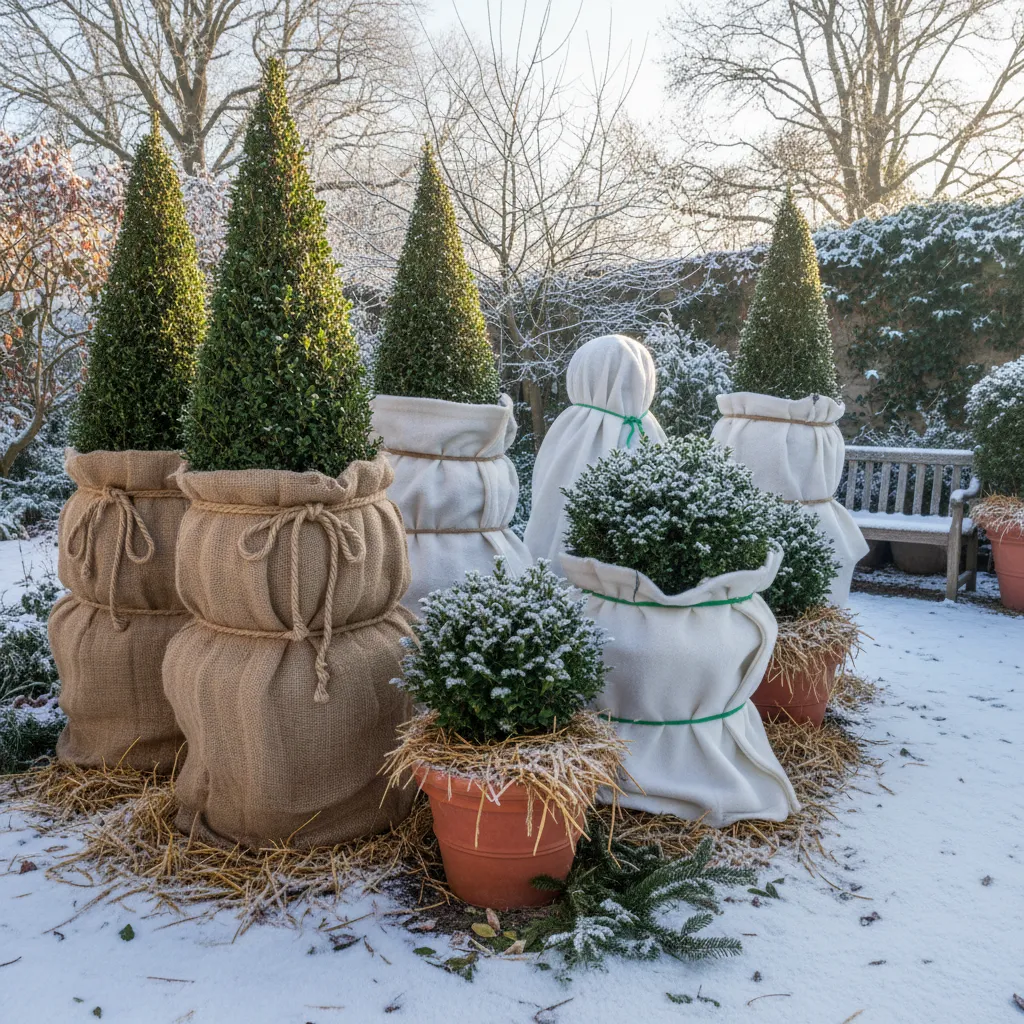 Verschiedene winterfeste Kübelpflanzen mit Jute, Vlies und Tannenreisig geschützt im schneebedeckten Garten