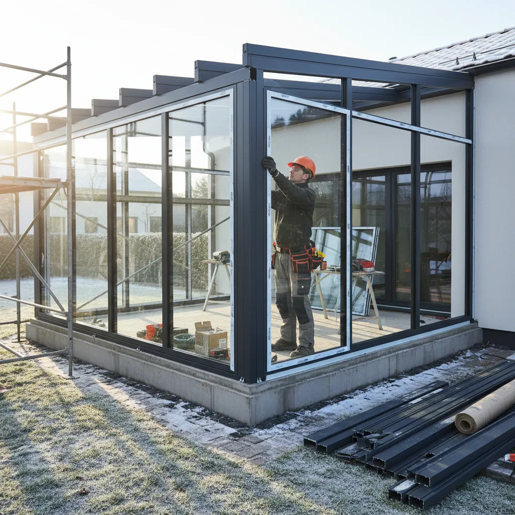 Wintergarten im Bau: Montage von Glaspanels und Aluminium-Rahmenkonstruktion auf Terrassenfundament durch Fachhandwerker