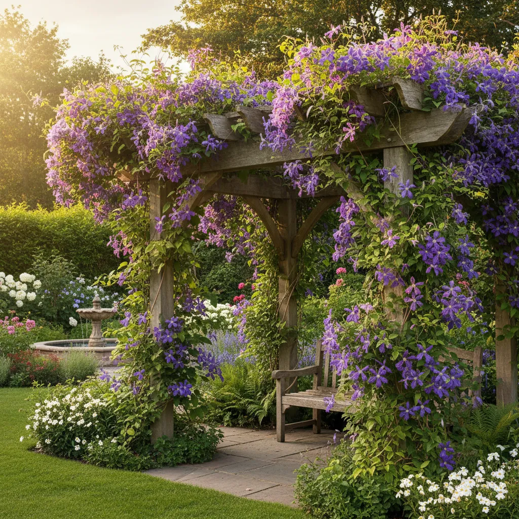 Robuste Pergola mit blühender winterharter Clematis und dichtem Blattwerk, zeigt die Gestaltungsmöglichkeiten von Kletterpflanzen