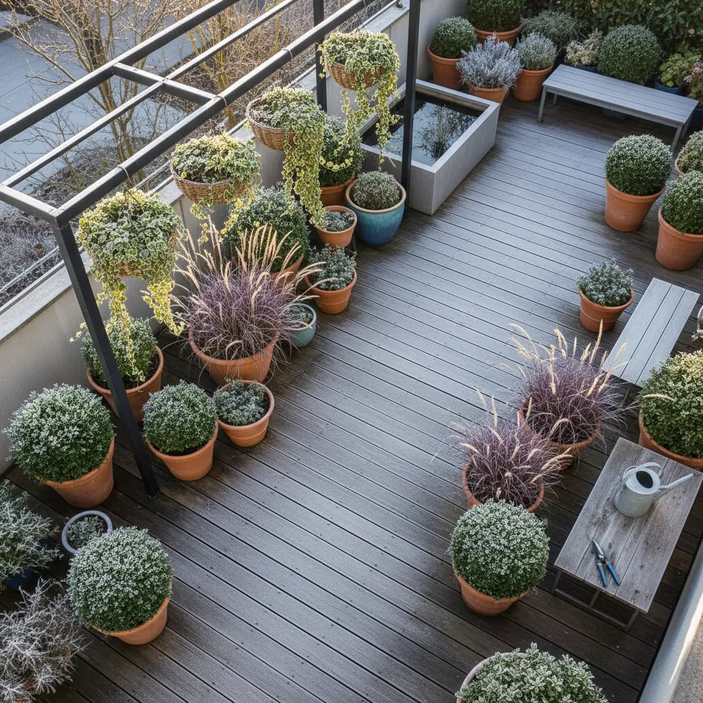 Moderne Terrassengestaltung mit winterharten Kübelpflanzen: Buchsbäume in Kugelform, Efeu und Strukturpflanzen in hochwertigen Töpfen
