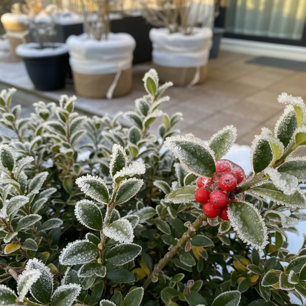 Detailaufnahme: Winterharte Kübelpflanzen mit Raureif und Schutzmaßnahmen bei Frost – Buchsbaum und Stechpalme im Winter