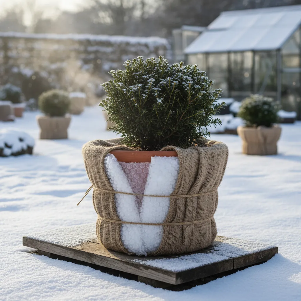 Winterharte Kübelpflanze mit Luftpolsterfolie und Jute isoliert auf einer Holzplatte als Frostschutz für die Überwinterung