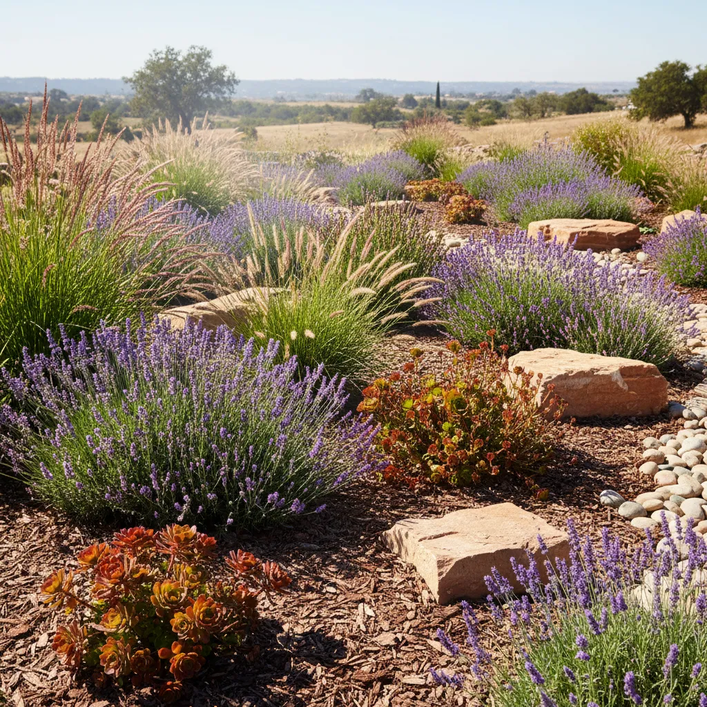 Sonniges Gartenbeet mit Lavendel, Salbei und Sedums – winterharte Pflanzen für pralle Sonne mit trockenresistentem Design