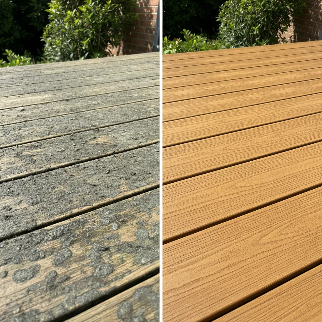 Vorher-Nachher Vergleich: WPC Terrassendielen mit Grauschleier (links) und nach gründlicher Reinigung (rechts), Algenbefall entfernt