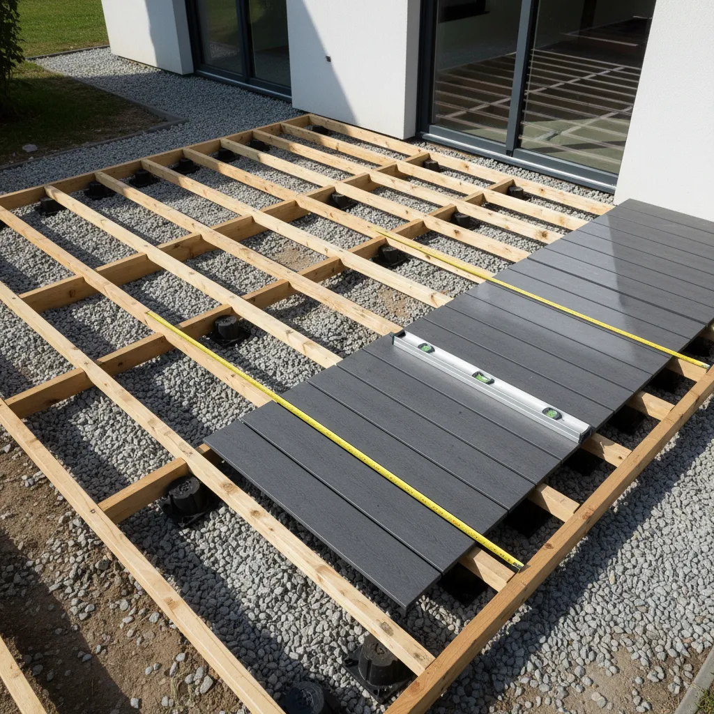 Übersichtsaufnahme einer WPC Terrassenverlegung von oben mit Unterkonstruktions-Balken, Wasserwaage zur Höhenausgleichung und Belüftungsabständen