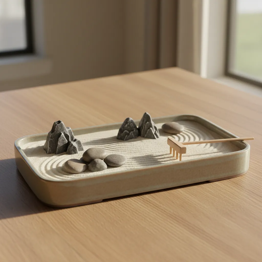 Ein miniature Zen Garten in einer flachen Dekoschale mit Sand, kleinen Steinen und Rechen – perfekt als Wohnzimmer-Dekoelement zur Entspannung
