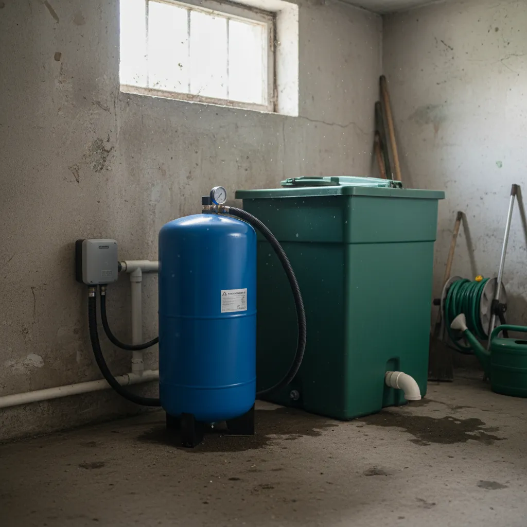 Hauswasserwerk mit Druckbehälter für automatische Regenwasserversorgung – Druckkessel mit Manometer und Druckschalter