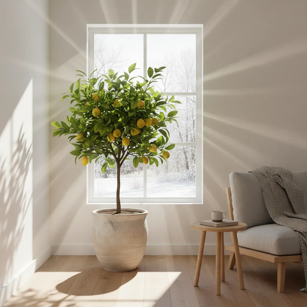 Zitronenbaum am sonnigen Südfenster überwintern: Die Pflanze steht in einem hellen Raum mit viel natürlichem Licht für die warme Überwinterung